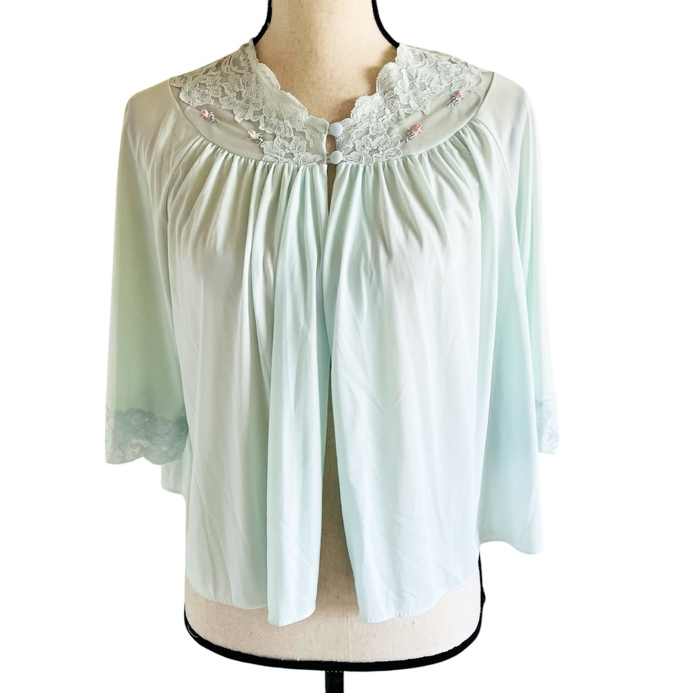 Vintage Shadowline Pastel Green Open Front Nylon Lace Trim Jacket